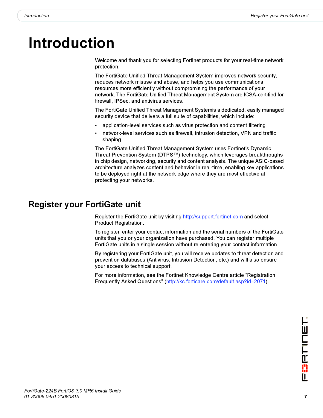 Fortinet 224B manual Introduction, Register your FortiGate unit 