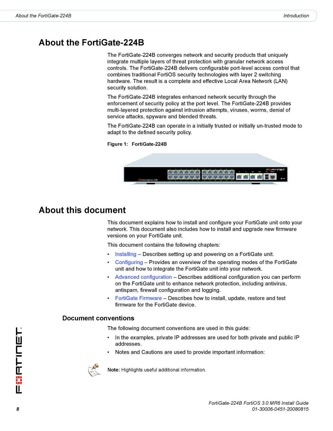 Fortinet manual About the FortiGate-224B, About this document, Document conventions 