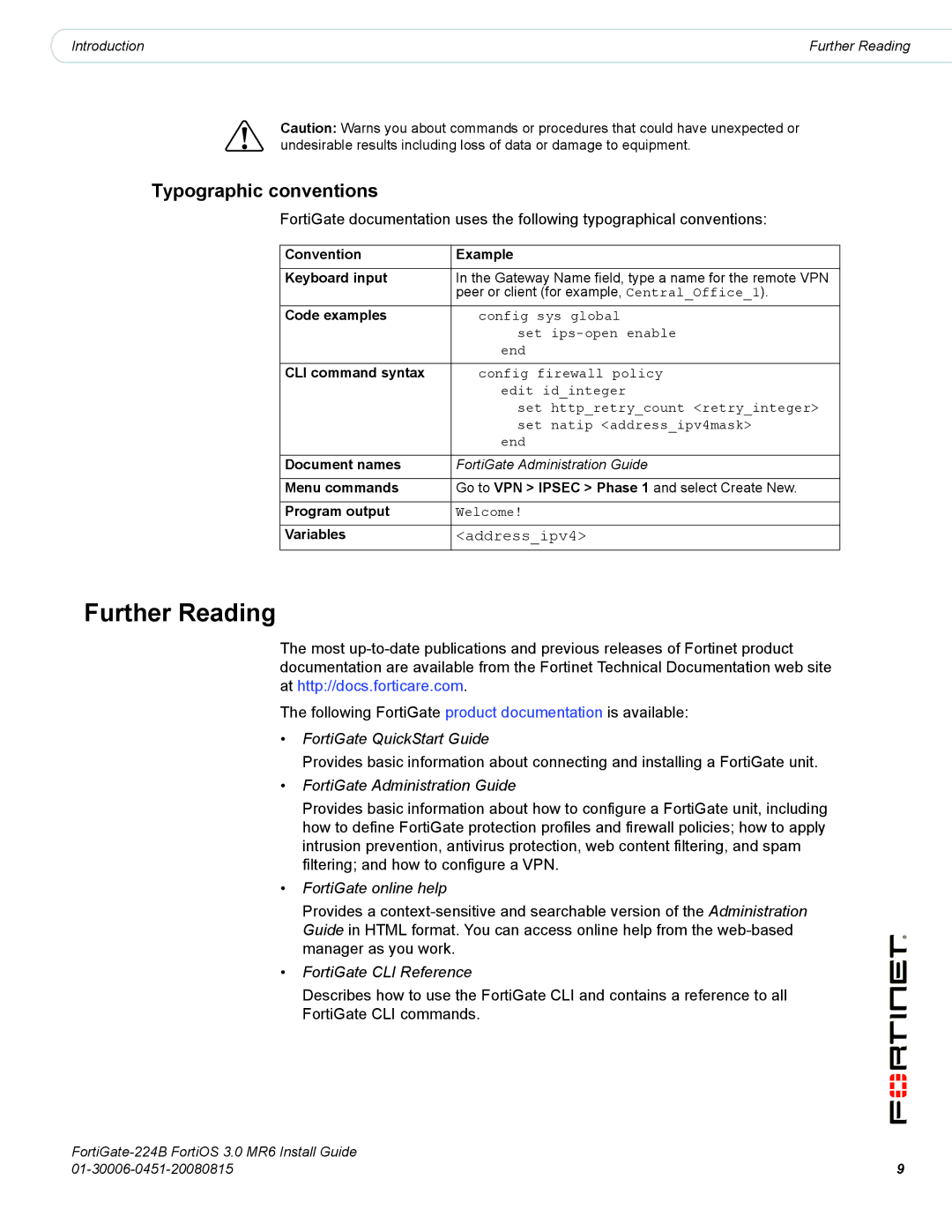 Fortinet 224B manual Further Reading, Typographic conventions 