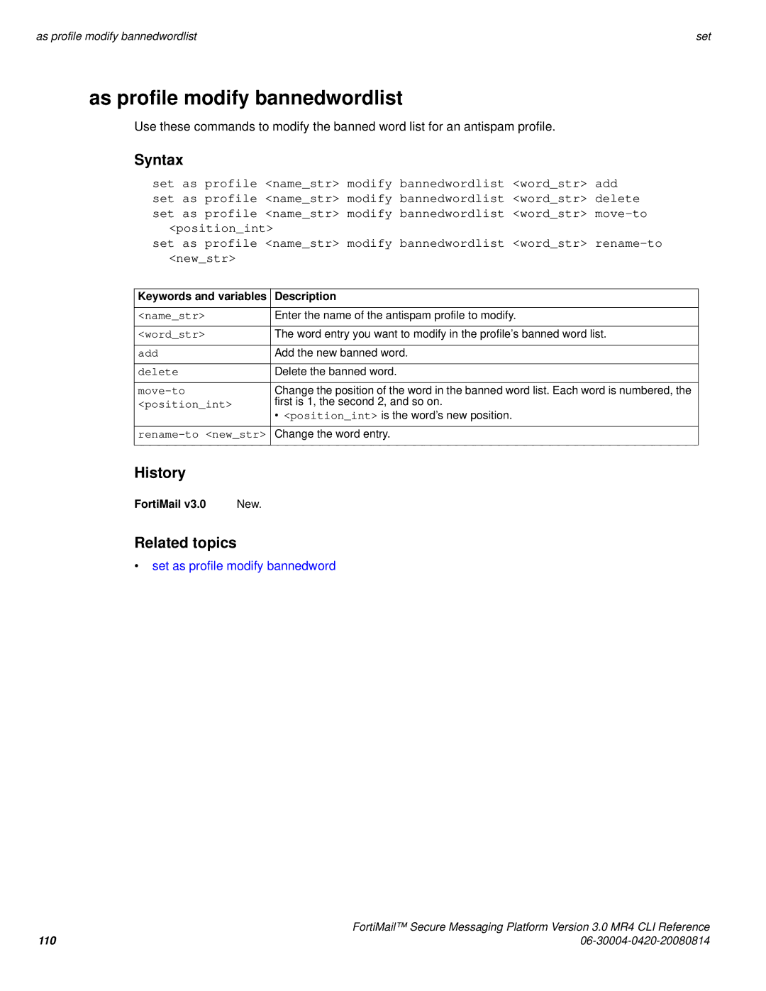 Fortinet 3.0 MR4 manual As profile modify bannedwordlist, Set as profile modify bannedword 