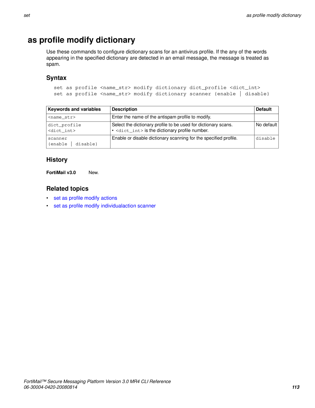 Fortinet 3.0 MR4 manual As profile modify dictionary, Dictprofile, Dictint 