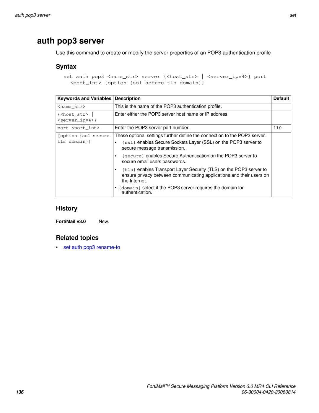 Fortinet 3.0 MR4 manual Auth pop3 server, Set auth pop3 rename-to, 110 