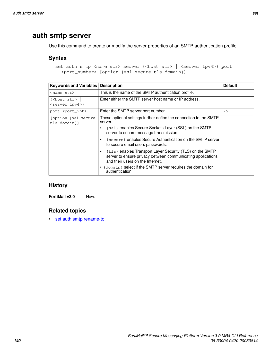 Fortinet 3.0 MR4 manual Auth smtp server, Set auth smtp rename-to 