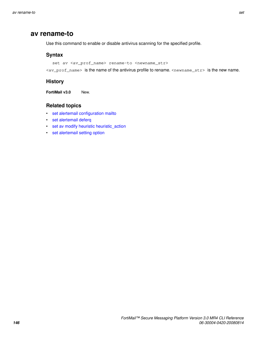 Fortinet 3.0 MR4 manual Av rename-to, Set av avprofname rename-to newnamestr 