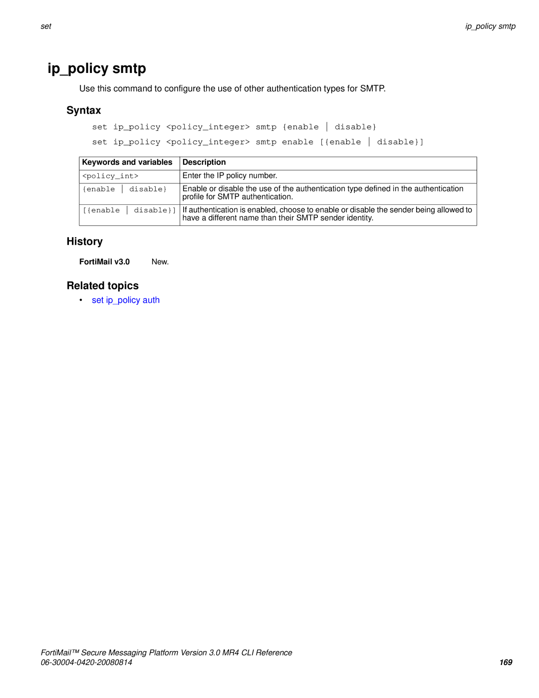 Fortinet 3.0 MR4 manual Ippolicy smtp, Enable disable 