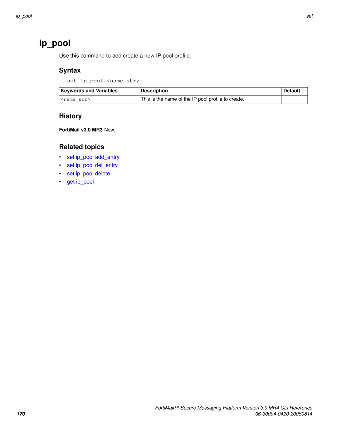 Fortinet 3.0 MR4 manual Ippool, Set ippool namestr 