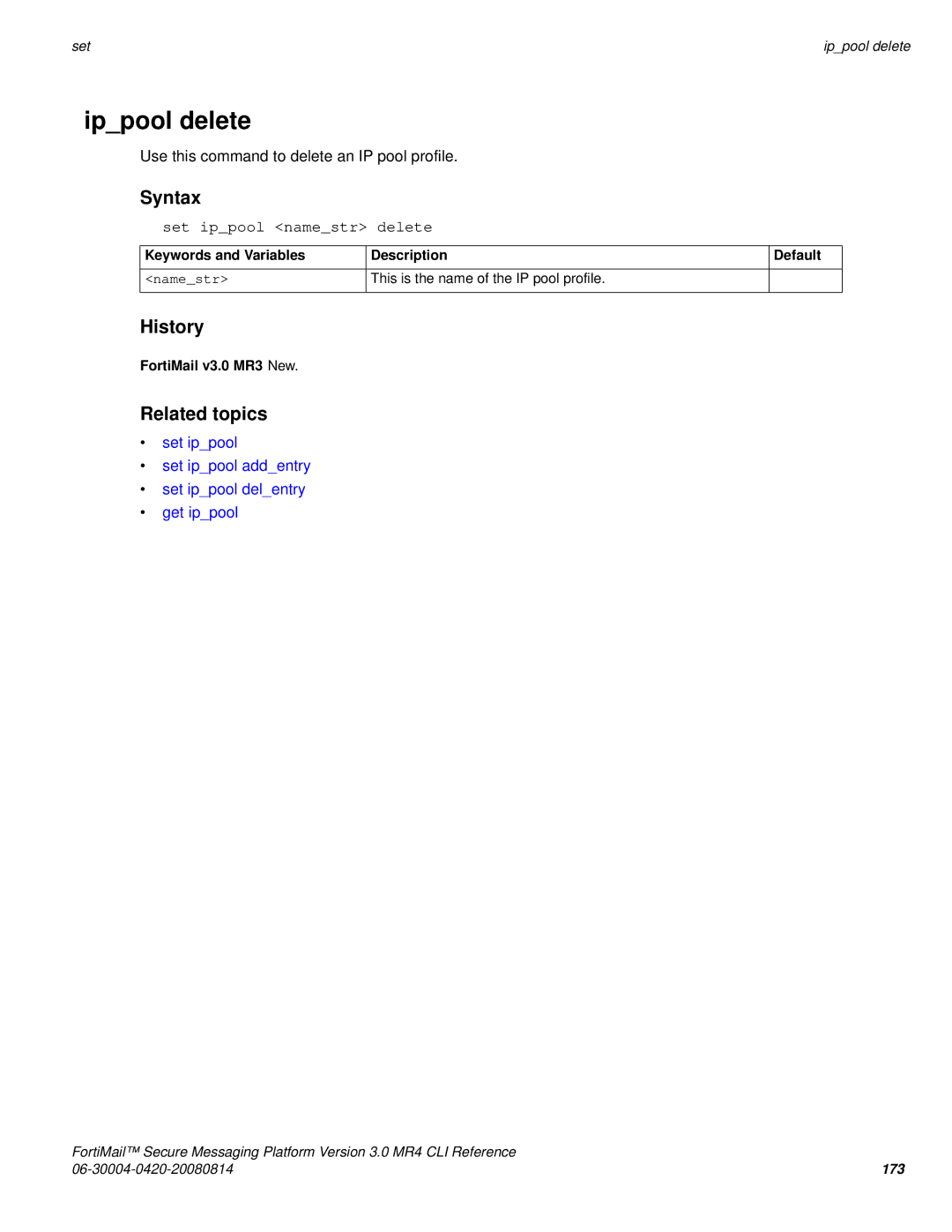 Fortinet 3.0 MR4 manual Ippool delete, Set ippool namestr delete 