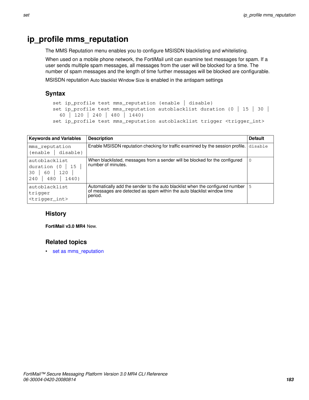 Fortinet 3.0 MR4 manual Ipprofile mmsreputation 