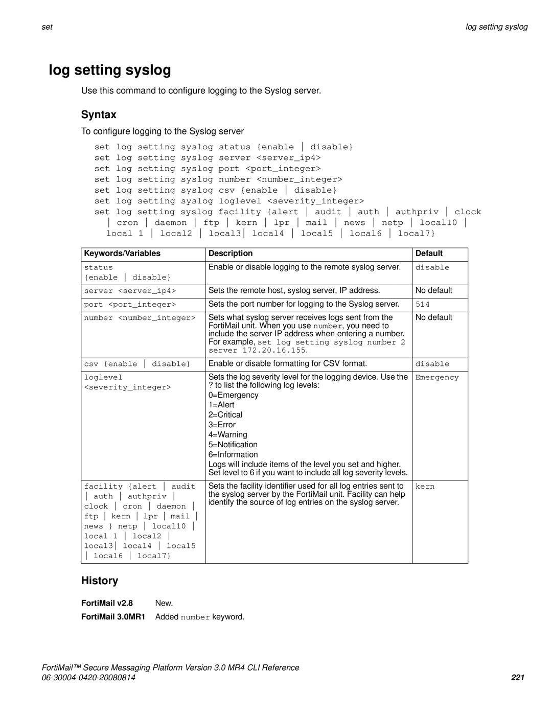 Fortinet 3.0 MR4 manual Log setting syslog 