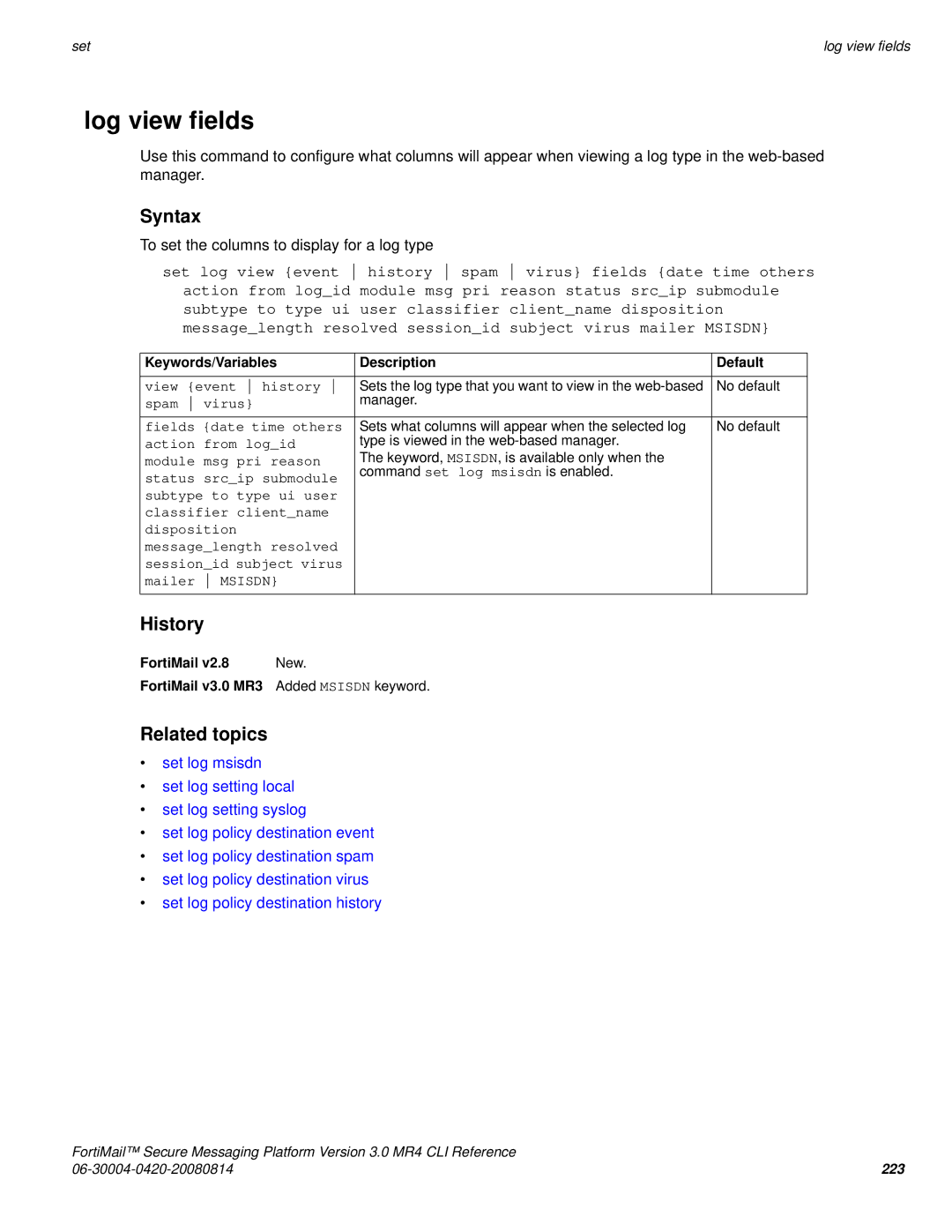 Fortinet 3.0 MR4 manual Log view fields 