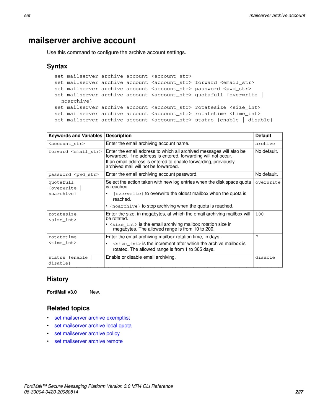 Fortinet 3.0 MR4 manual Mailserver archive account 