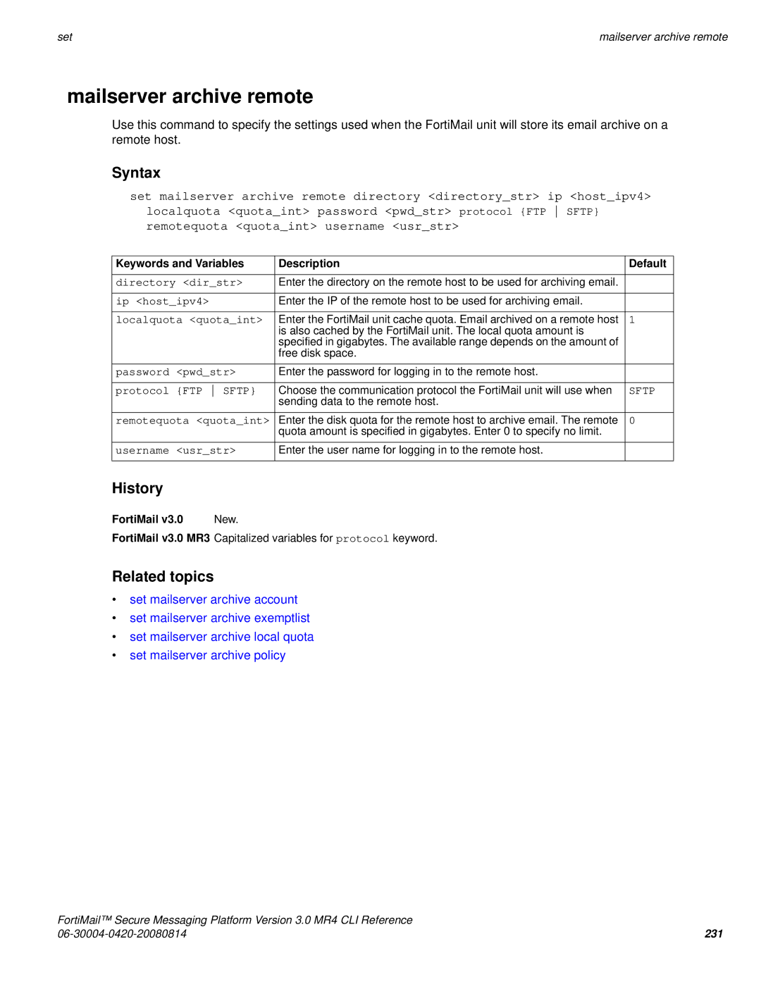 Fortinet 3.0 MR4 manual Mailserver archive remote 