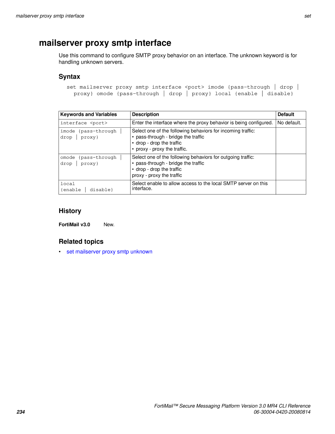 Fortinet 3.0 MR4 manual Mailserver proxy smtp interface, Set mailserver proxy smtp unknown 