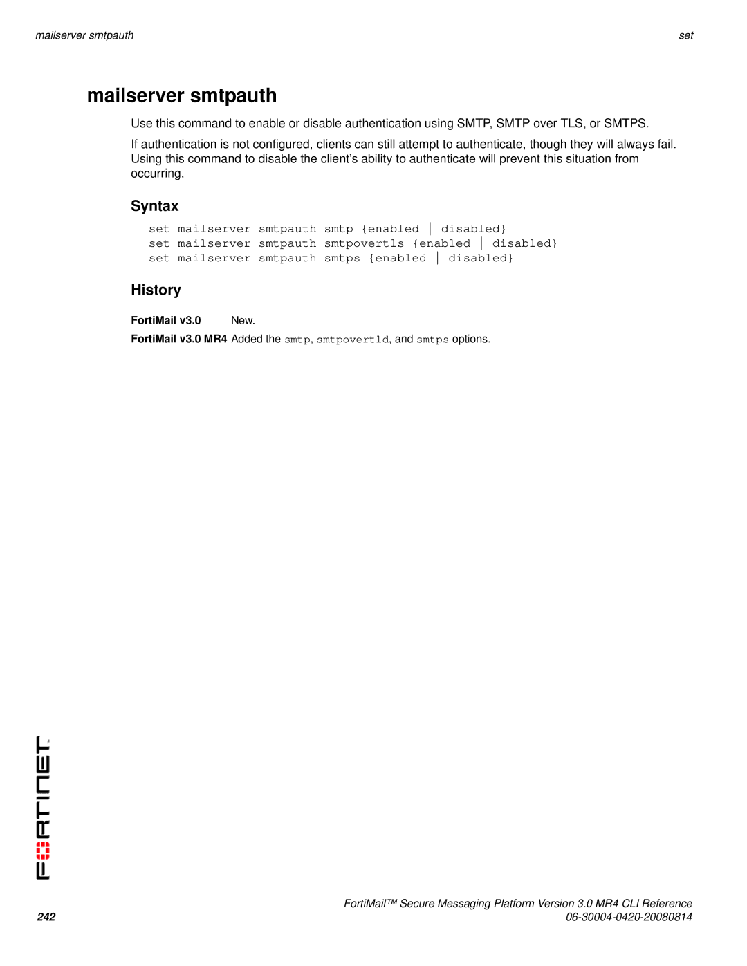 Fortinet 3.0 MR4 manual Mailserver smtpauth 