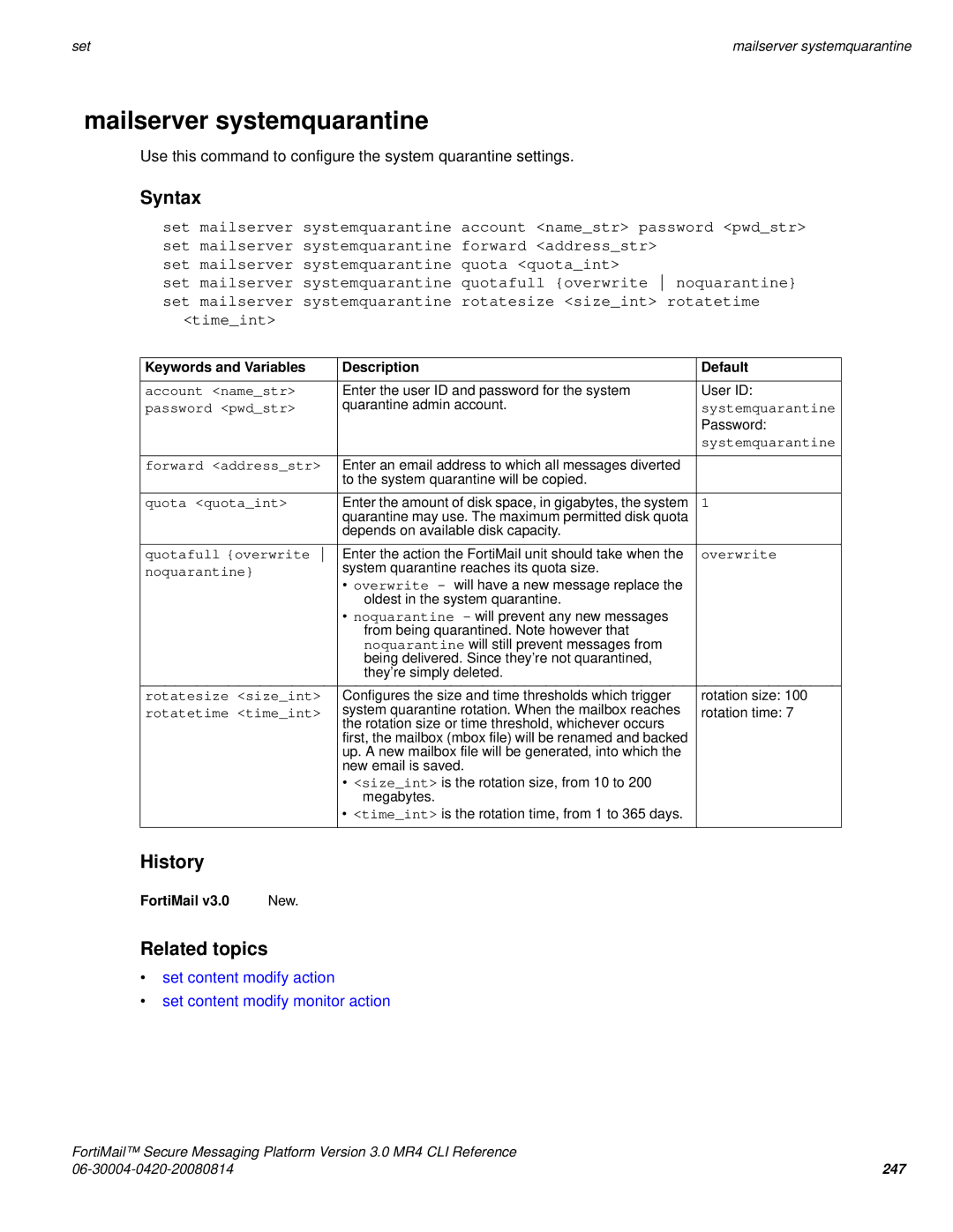 Fortinet 3.0 MR4 manual Set content modify action Set content modify monitor action 