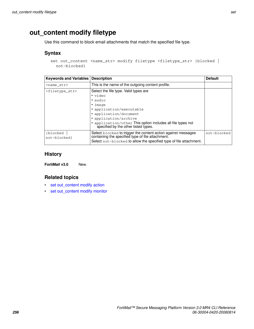 Fortinet 3.0 MR4 manual Outcontent modify filetype, Filetypestr 