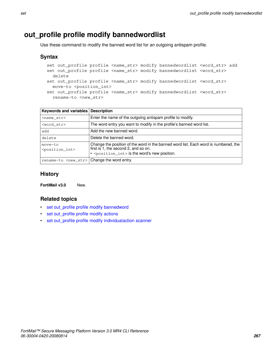 Fortinet 3.0 MR4 manual Outprofile profile modify bannedwordlist, Namestr 