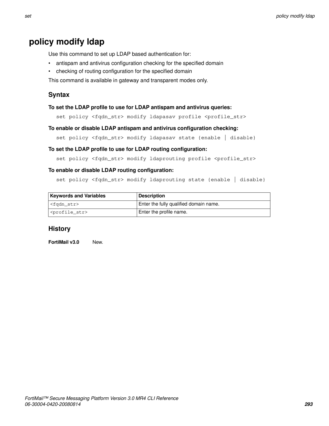 Fortinet 3.0 MR4 manual Policy modify ldap, Set policy fqdnstr modify ldapasav profile profilestr 