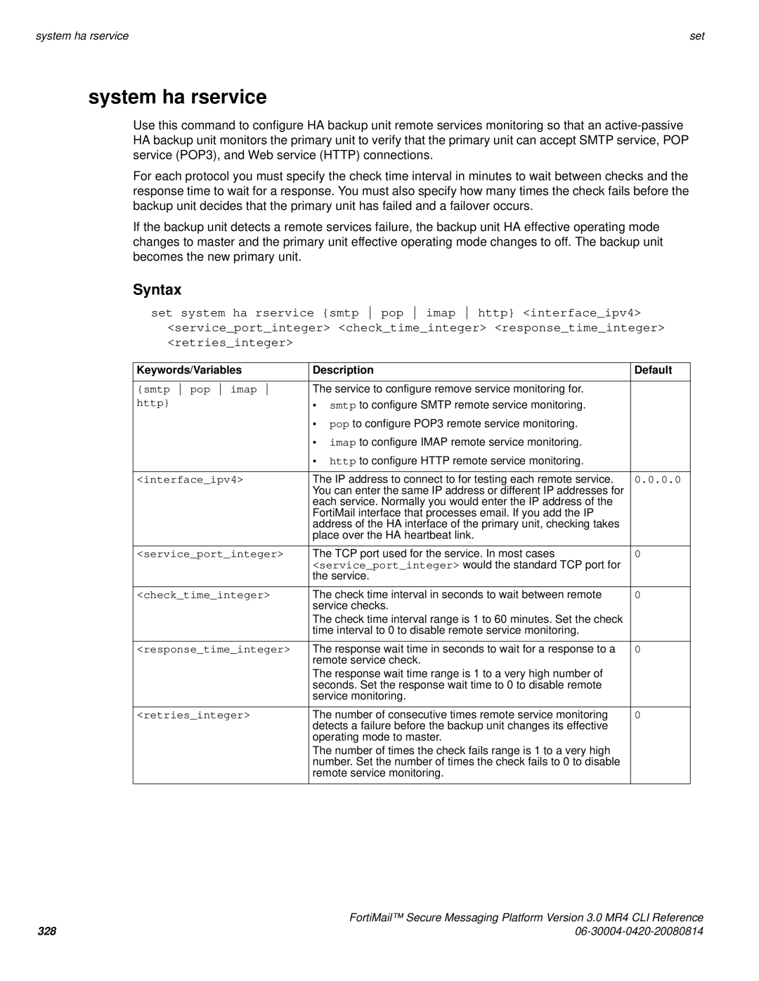 Fortinet 3.0 MR4 manual System ha rservice 