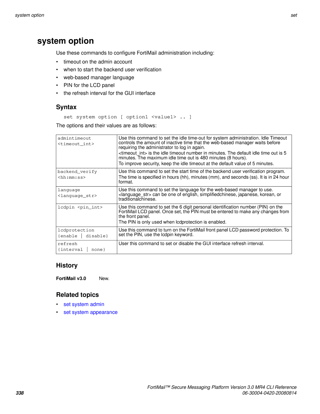 Fortinet 3.0 MR4 manual System option, Set system option option1 value1, Set system admin Set system appearance 