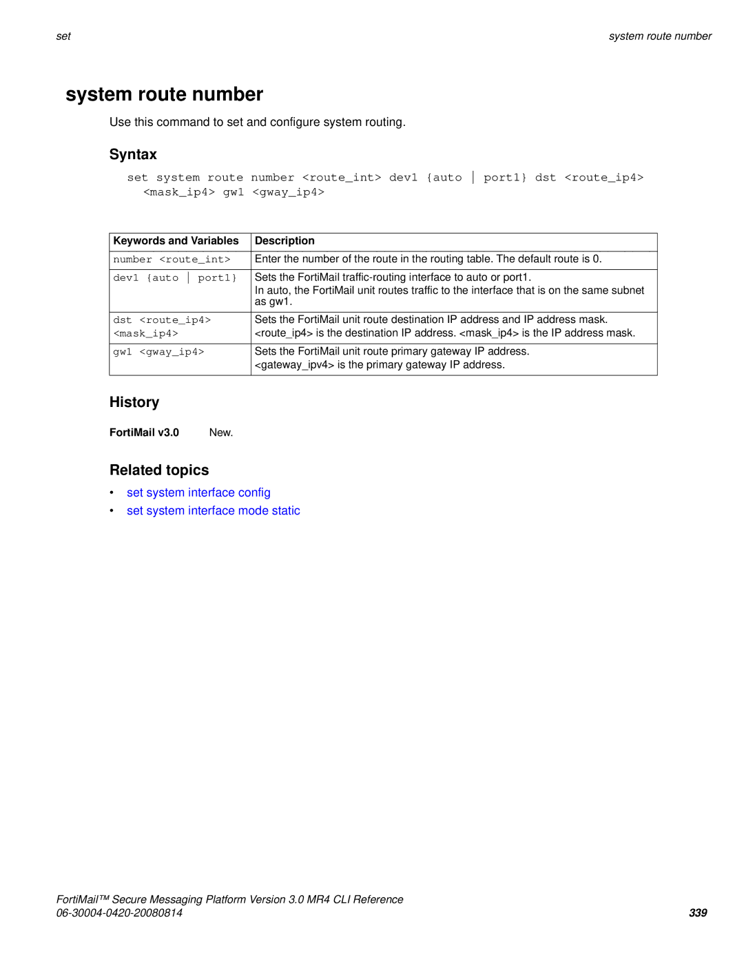 Fortinet 3.0 MR4 manual System route number 