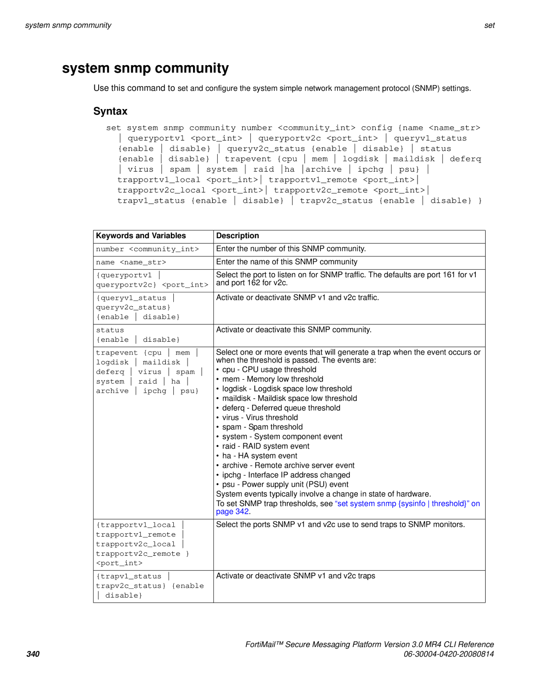 Fortinet 3.0 MR4 manual System snmp community 