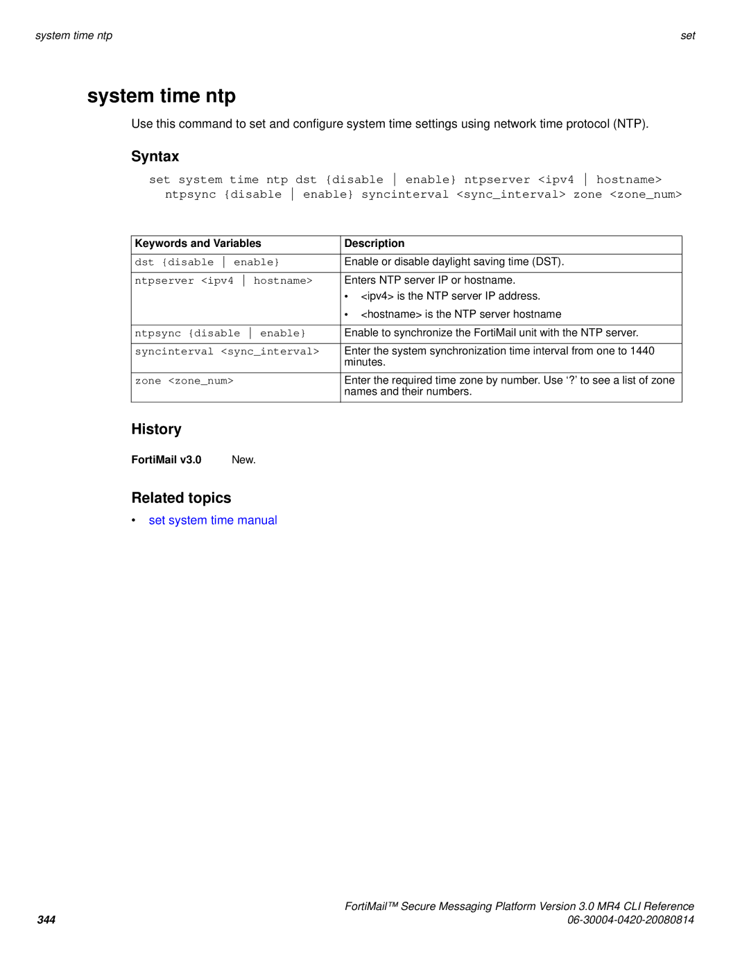 Fortinet 3.0 MR4 System time ntp, Set system time manual 