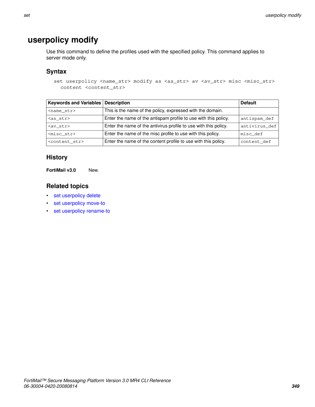 Fortinet 3.0 MR4 manual Userpolicy modify, Asstr, Avstr, Miscstr, Miscdef 