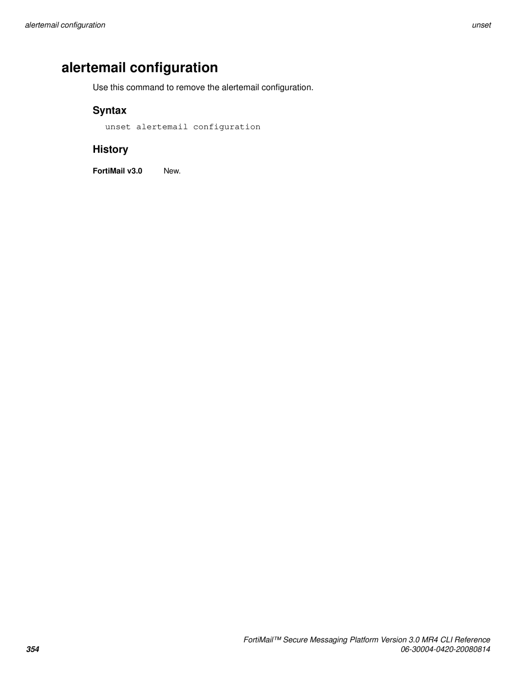 Fortinet 3.0 MR4 manual Alertemail configuration, Unset alertemail configuration 