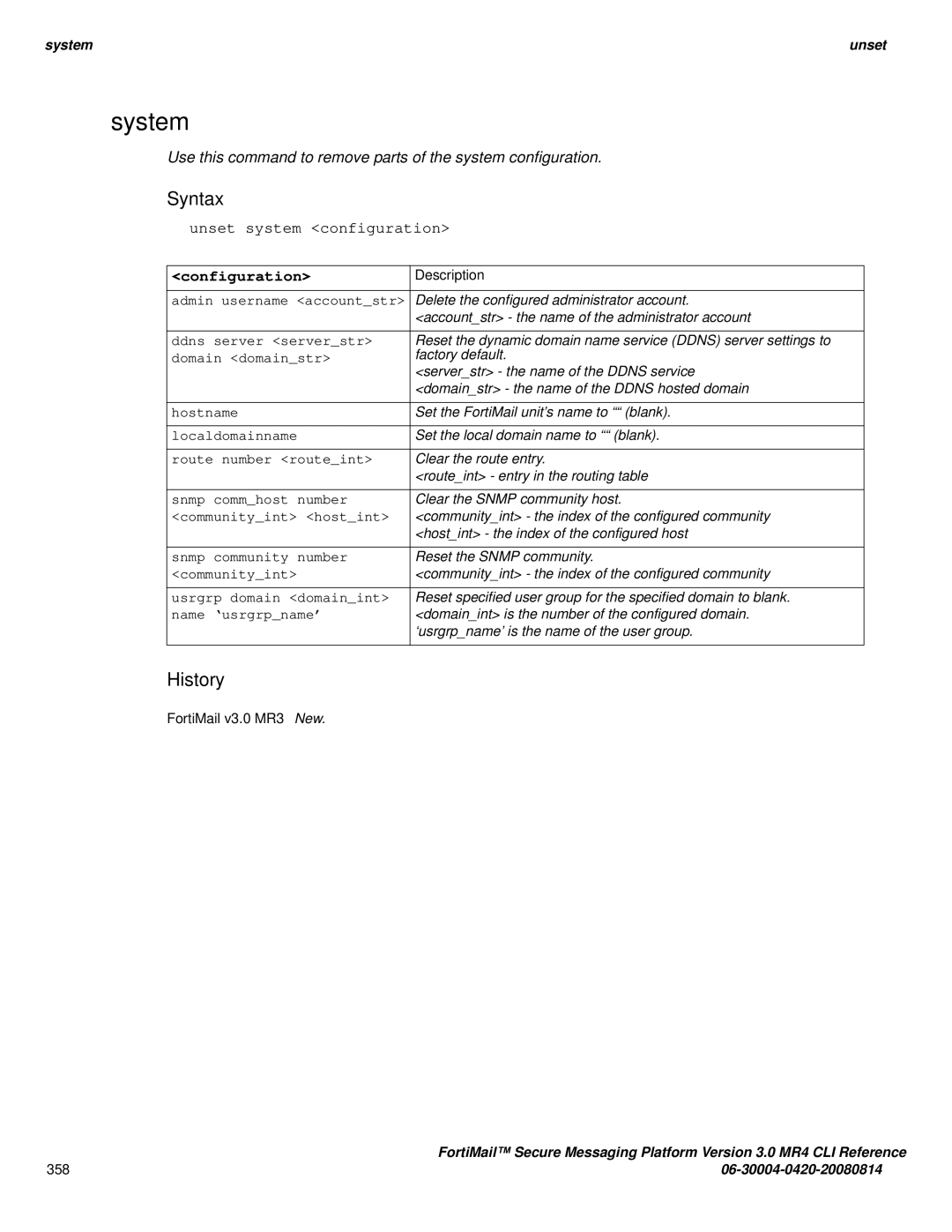 Fortinet 3.0 MR4 manual Unset system configuration 