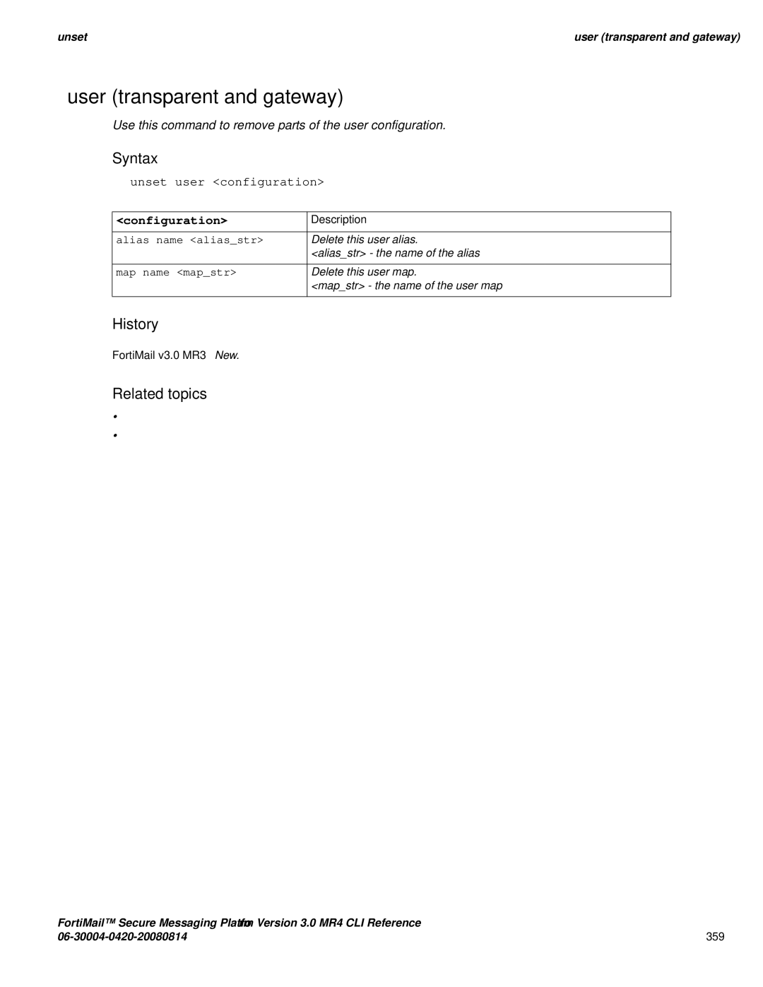 Fortinet 3.0 MR4 manual User transparent and gateway, Unset user configuration, Alias name aliasstr, Map name mapstr 