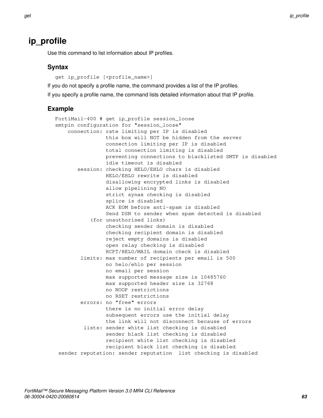 Fortinet 3.0 MR4 manual Ipprofile, Get ipprofile profilename 