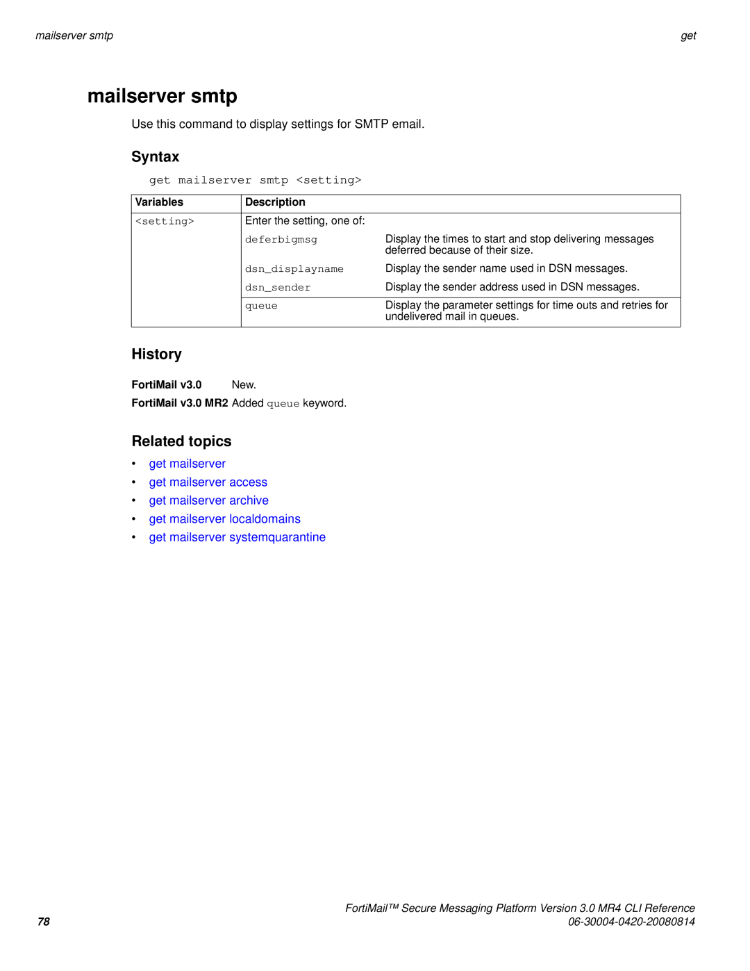 Fortinet 3.0 MR4 manual Mailserver smtp, Get mailserver smtp setting 