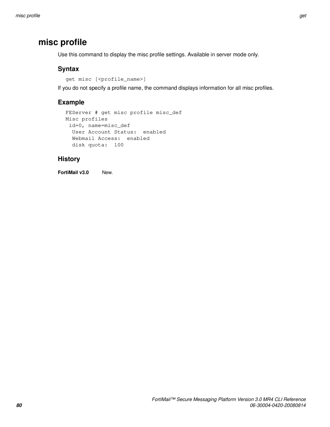 Fortinet 3.0 MR4 manual Misc profile, Get misc profilename 