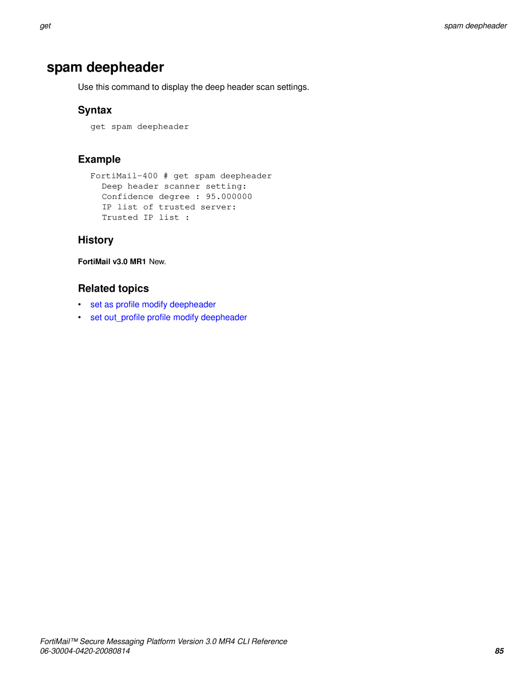 Fortinet 3.0 MR4 manual Spam deepheader, Get spam deepheader 