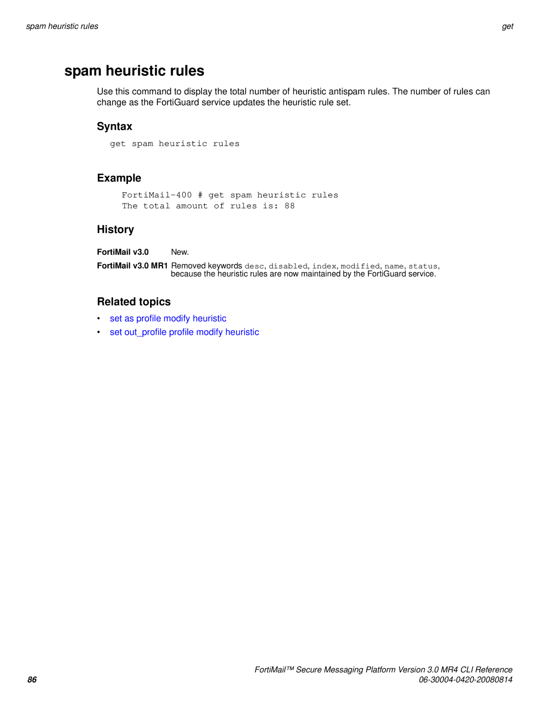 Fortinet 3.0 MR4 manual Spam heuristic rules, Get spam heuristic rules 