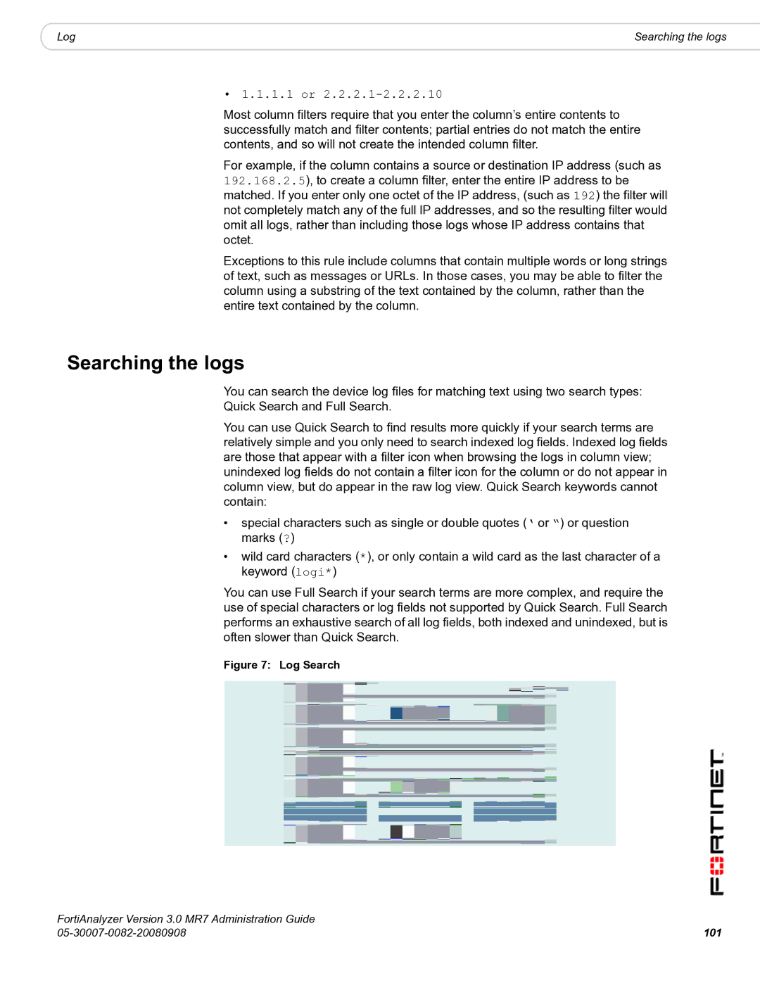 Fortinet 3.0 MR7 manual Searching the logs, 101 