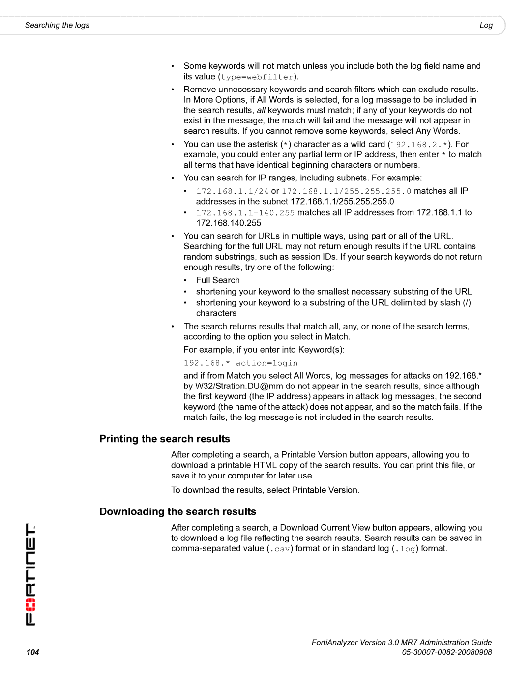 Fortinet 3.0 MR7 manual Printing the search results, Downloading the search results, 192.168.* action=login 