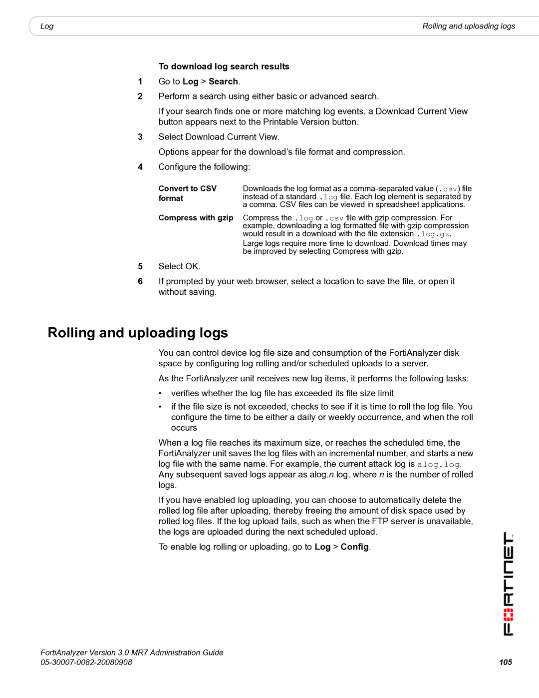 Fortinet 3.0 MR7 manual Rolling and uploading logs, To download log search results Go to Log Search, 105 