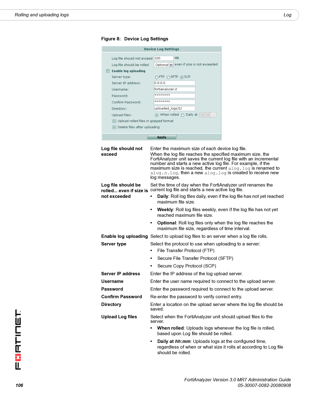 Fortinet 3.0 MR7 manual Exceed, Not exceeded, Server IP address, Username, Directory, Upload Log files 