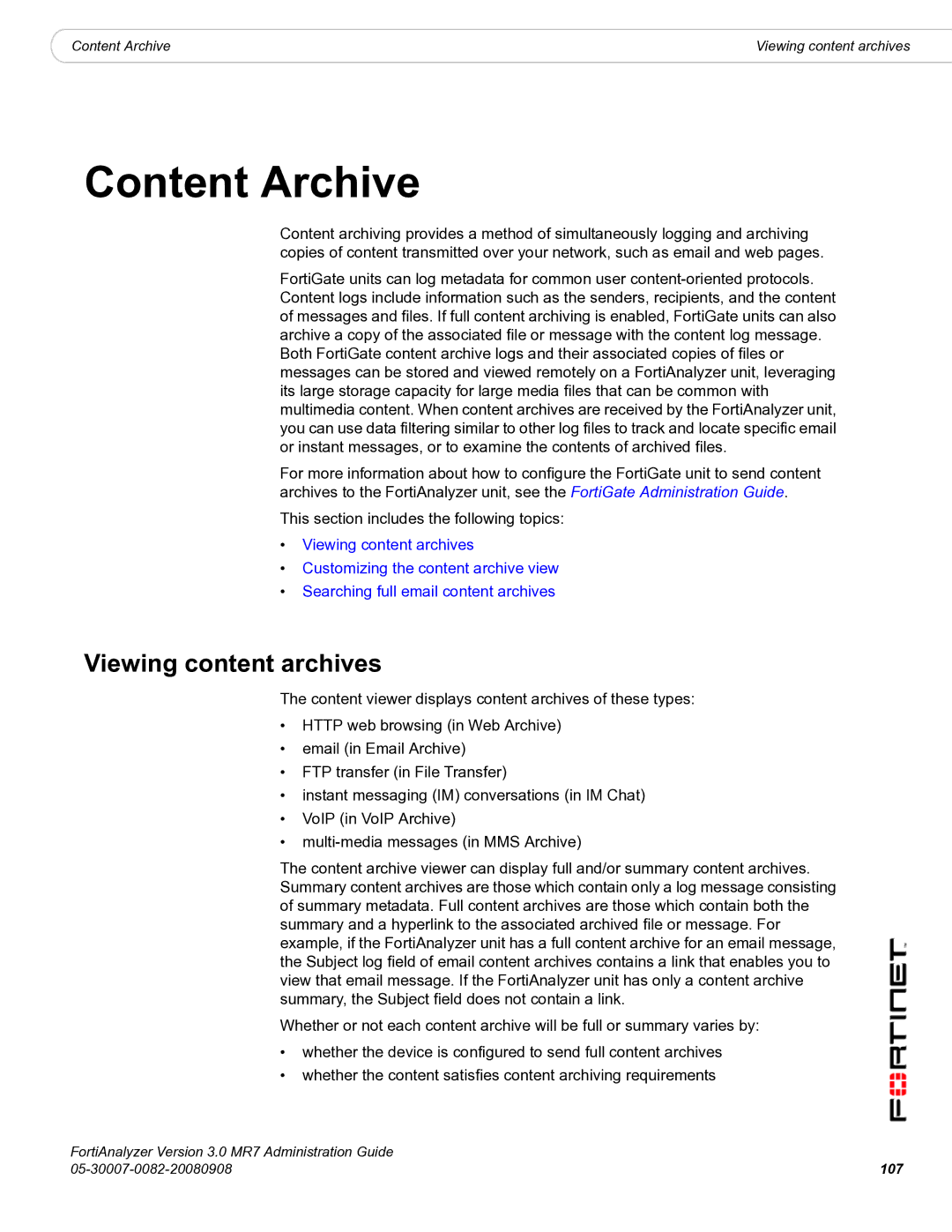 Fortinet 3.0 MR7 manual Content Archive, Viewing content archives 