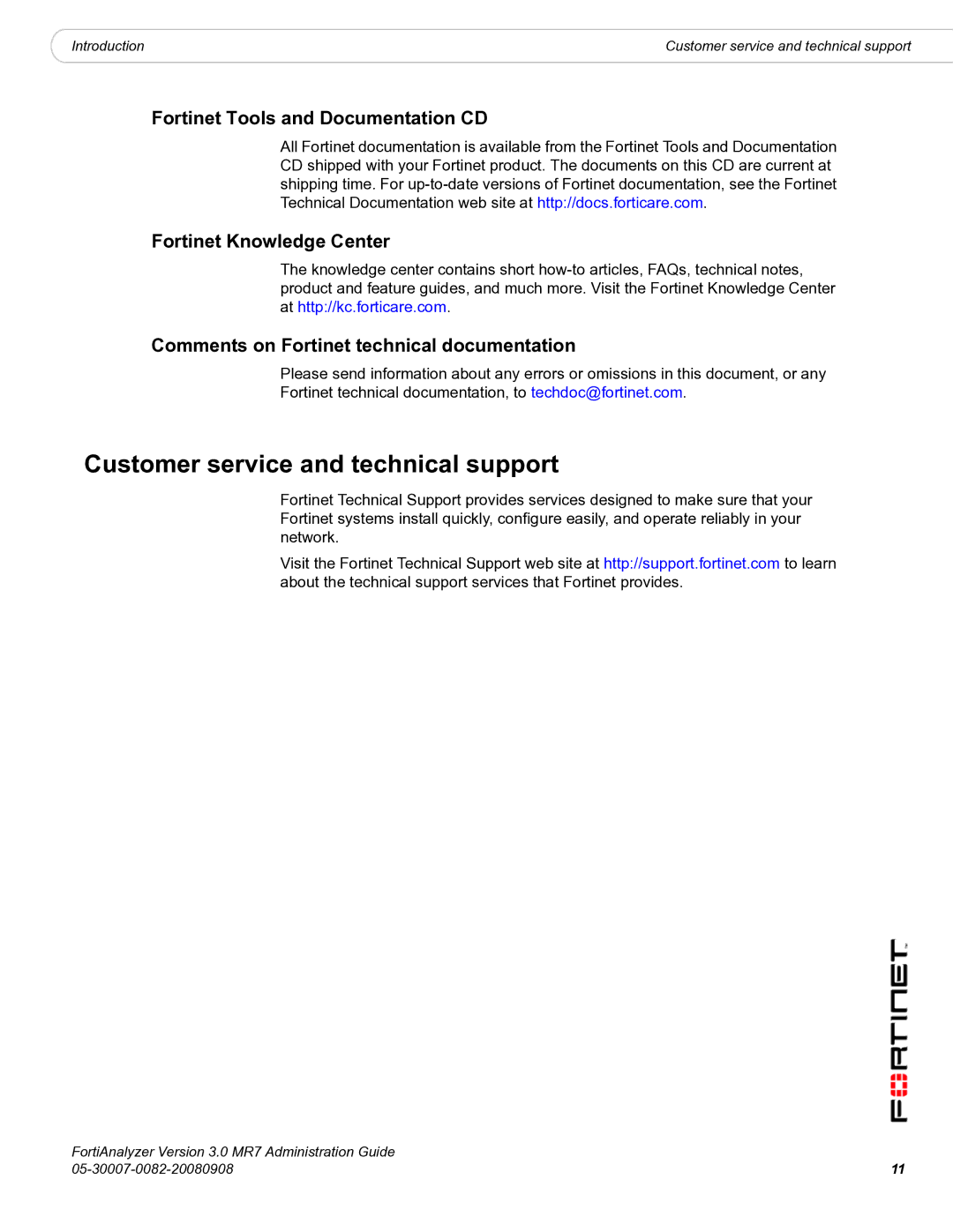 Fortinet 3.0 MR7 Customer service and technical support, Fortinet Tools and Documentation CD, Fortinet Knowledge Center 