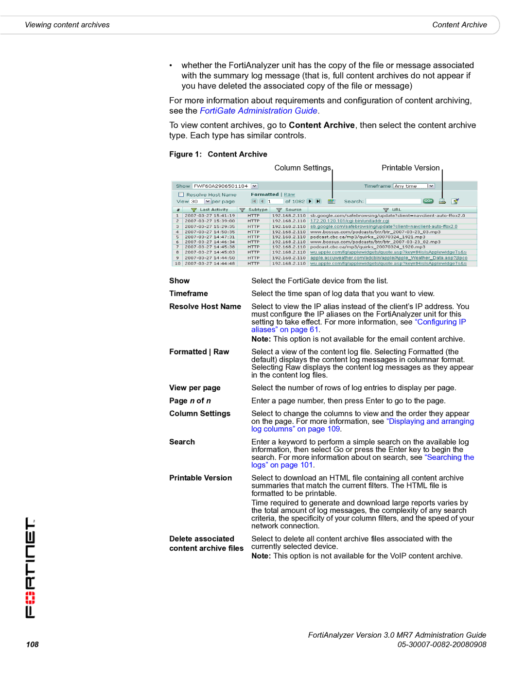 Fortinet 3.0 MR7 manual Timeframe, View per page Page n of n Column Settings 