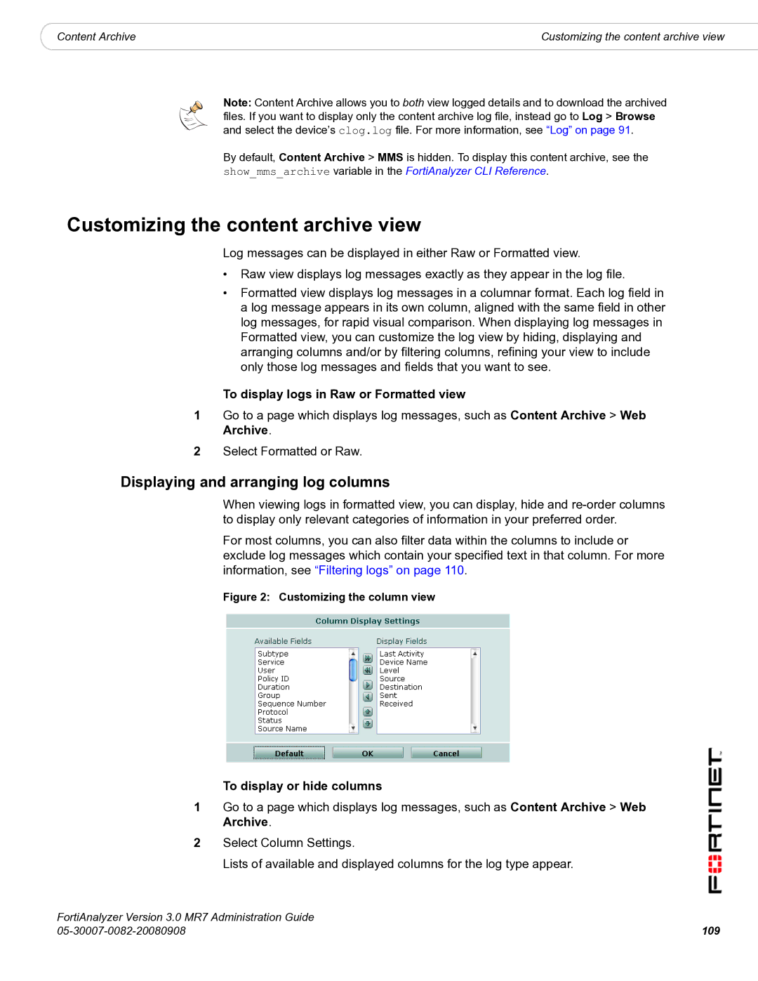 Fortinet 3.0 MR7 manual Customizing the content archive view, 109 