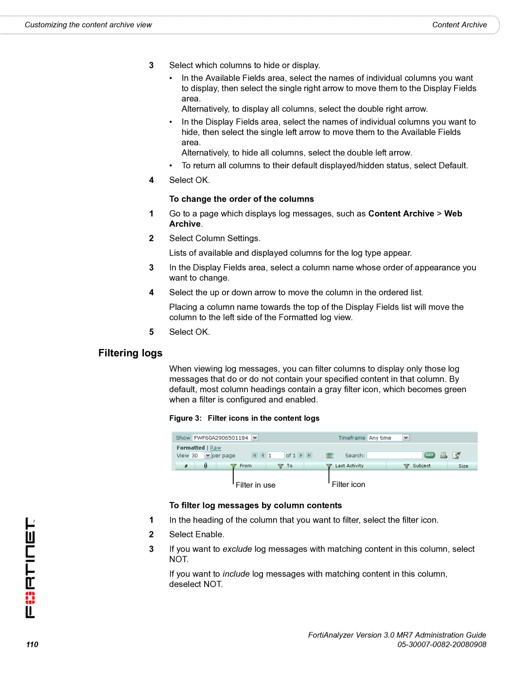 Fortinet 3.0 MR7 manual Filter icons in the content logs 