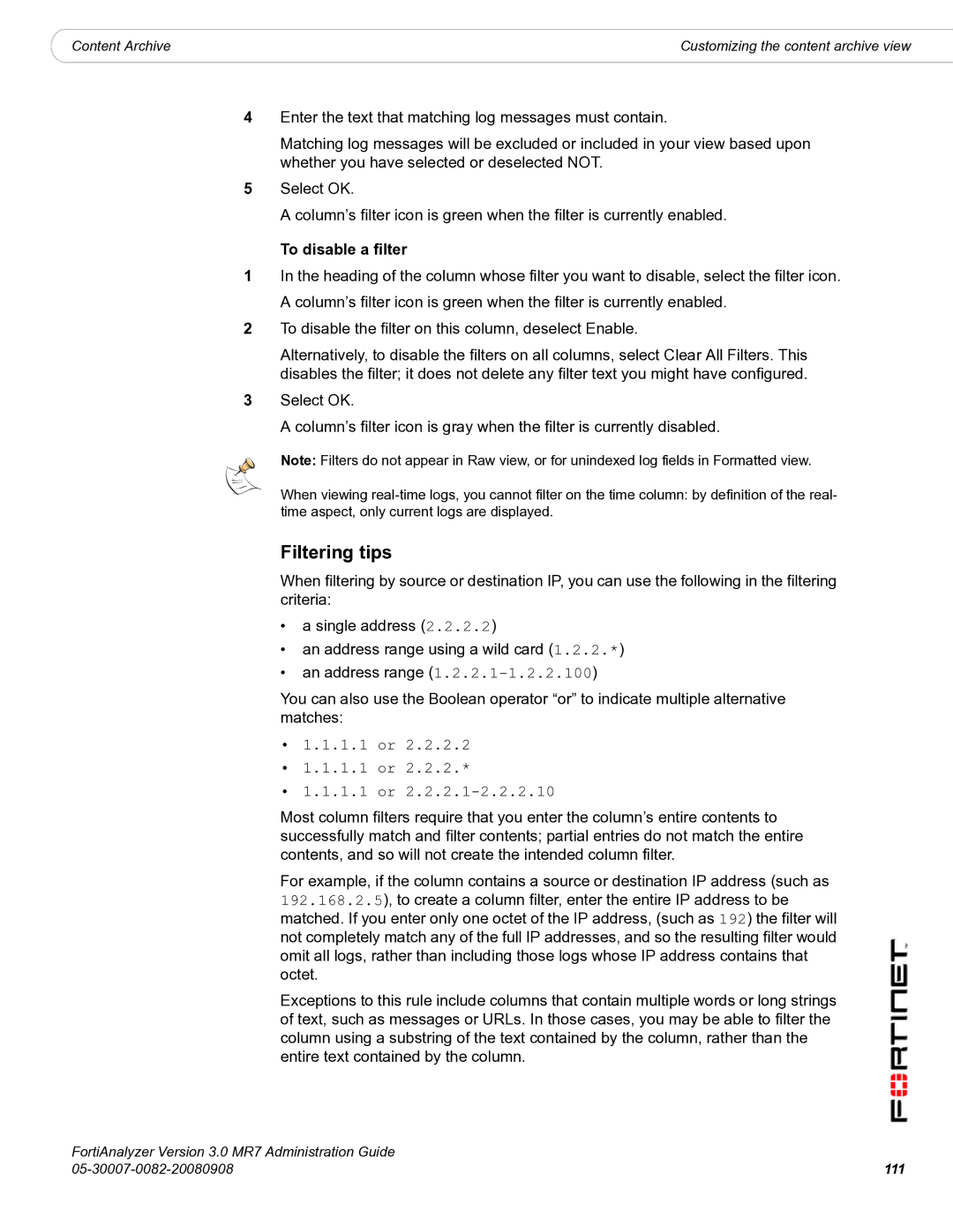 Fortinet 3.0 MR7 manual To disable a filter, 111 