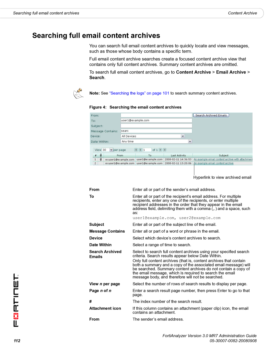 Fortinet 3.0 MR7 manual Searching full email content archives 