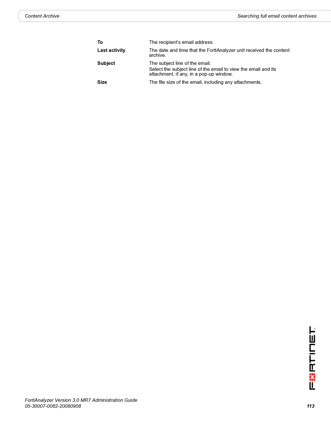 Fortinet 3.0 MR7 manual Last activity, 113 