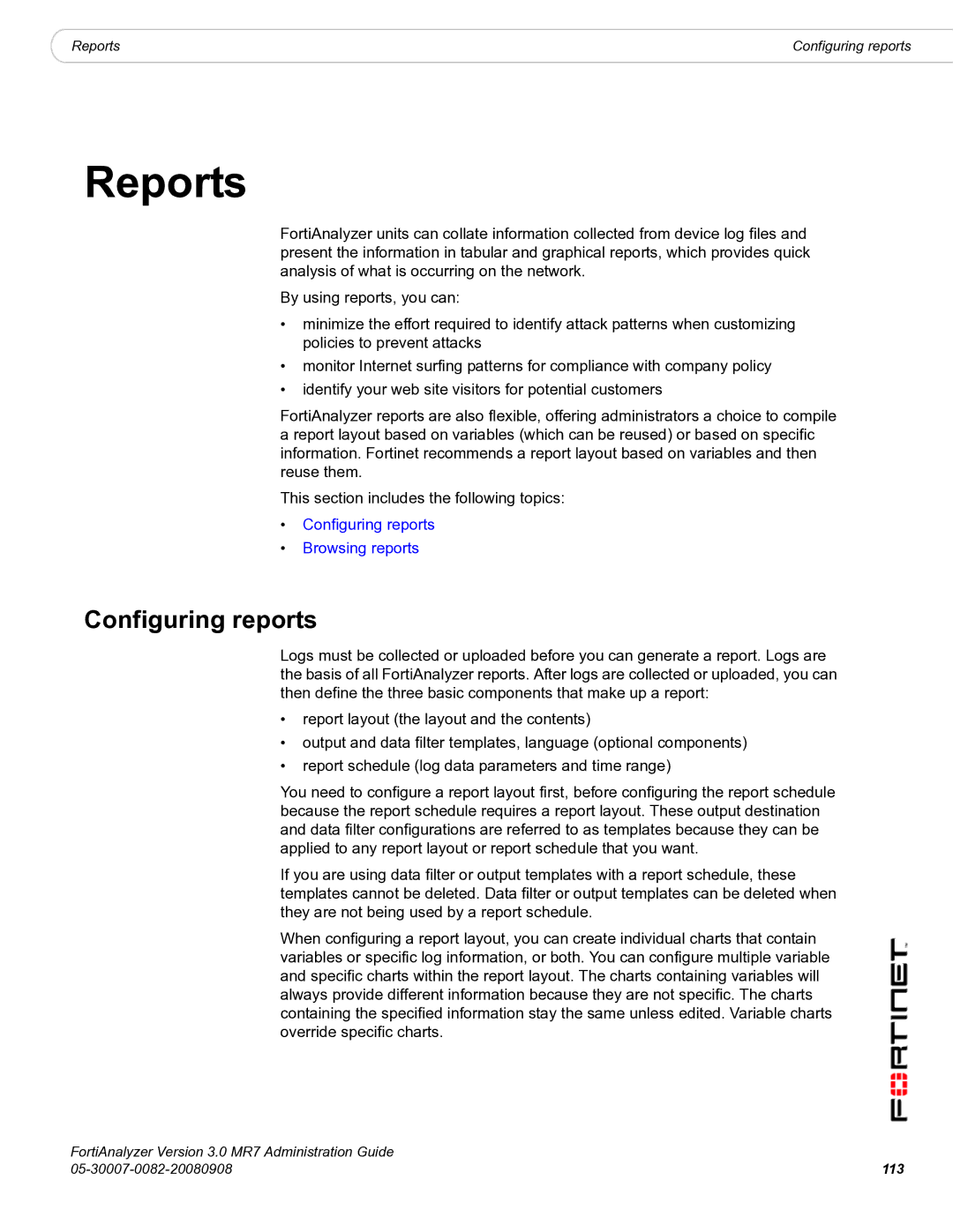 Fortinet 3.0 MR7 manual Reports, Configuring reports 