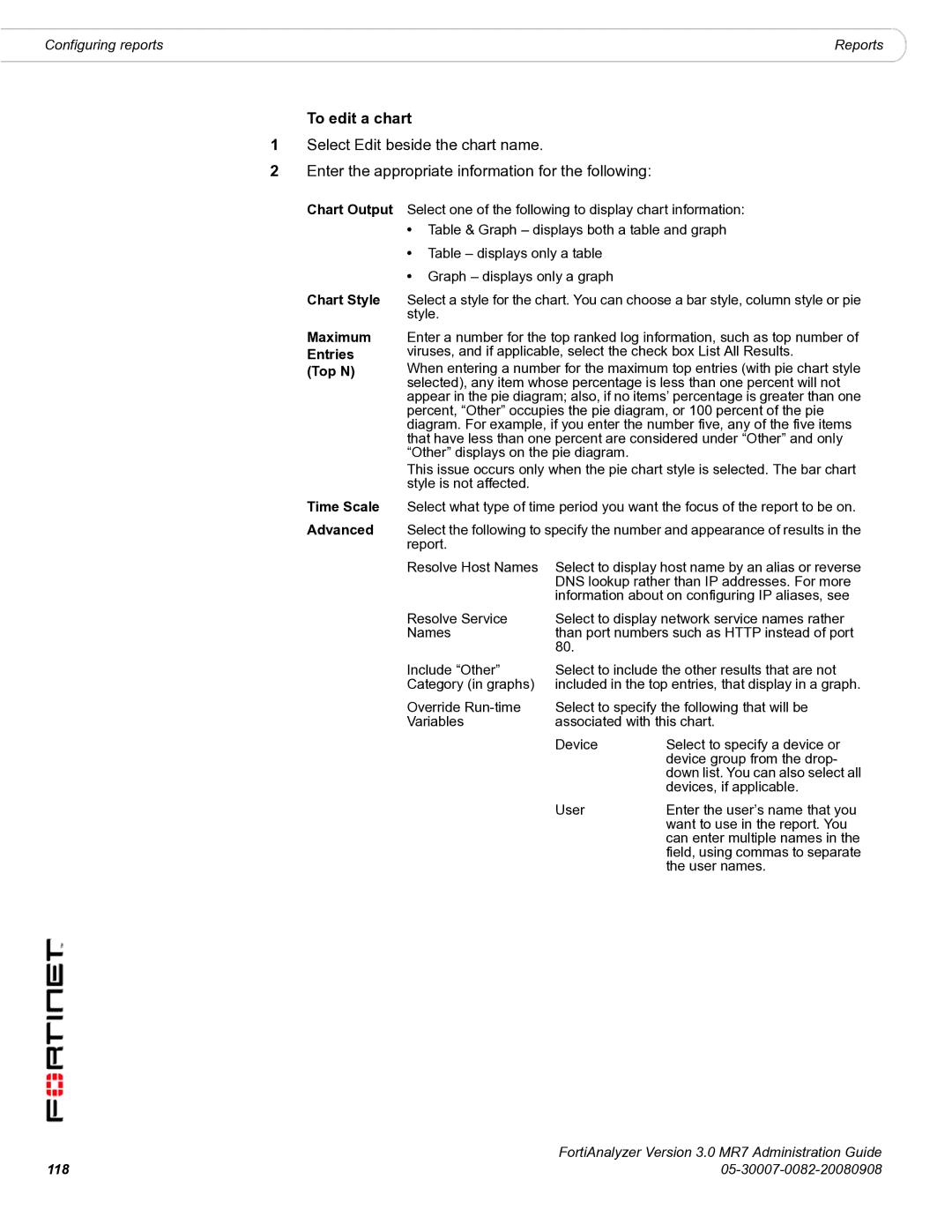 Fortinet 3.0 MR7 manual To edit a chart, Maximum Entries Top N Time Scale Advanced 